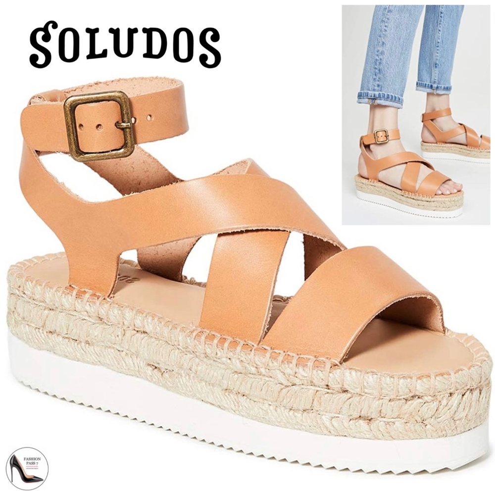Soludos Olympia Brown Tan Leather Platform Espadrille Sandals Anthropologie 9 - Picture 1 of 12